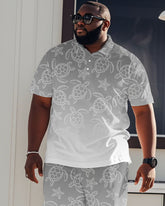 Grey & White Gradient Turtle Hawaiian Short Sleeve POLO Trousers Suit Men's Plus Size